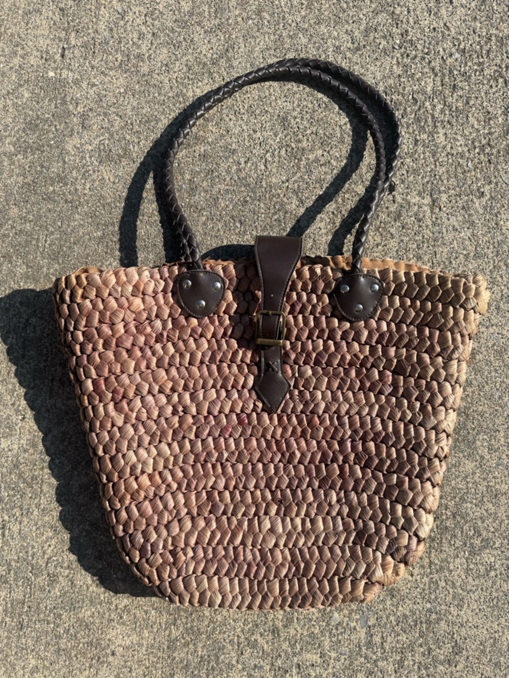 Braided Straw Beach Tote with Dark Brown Trim